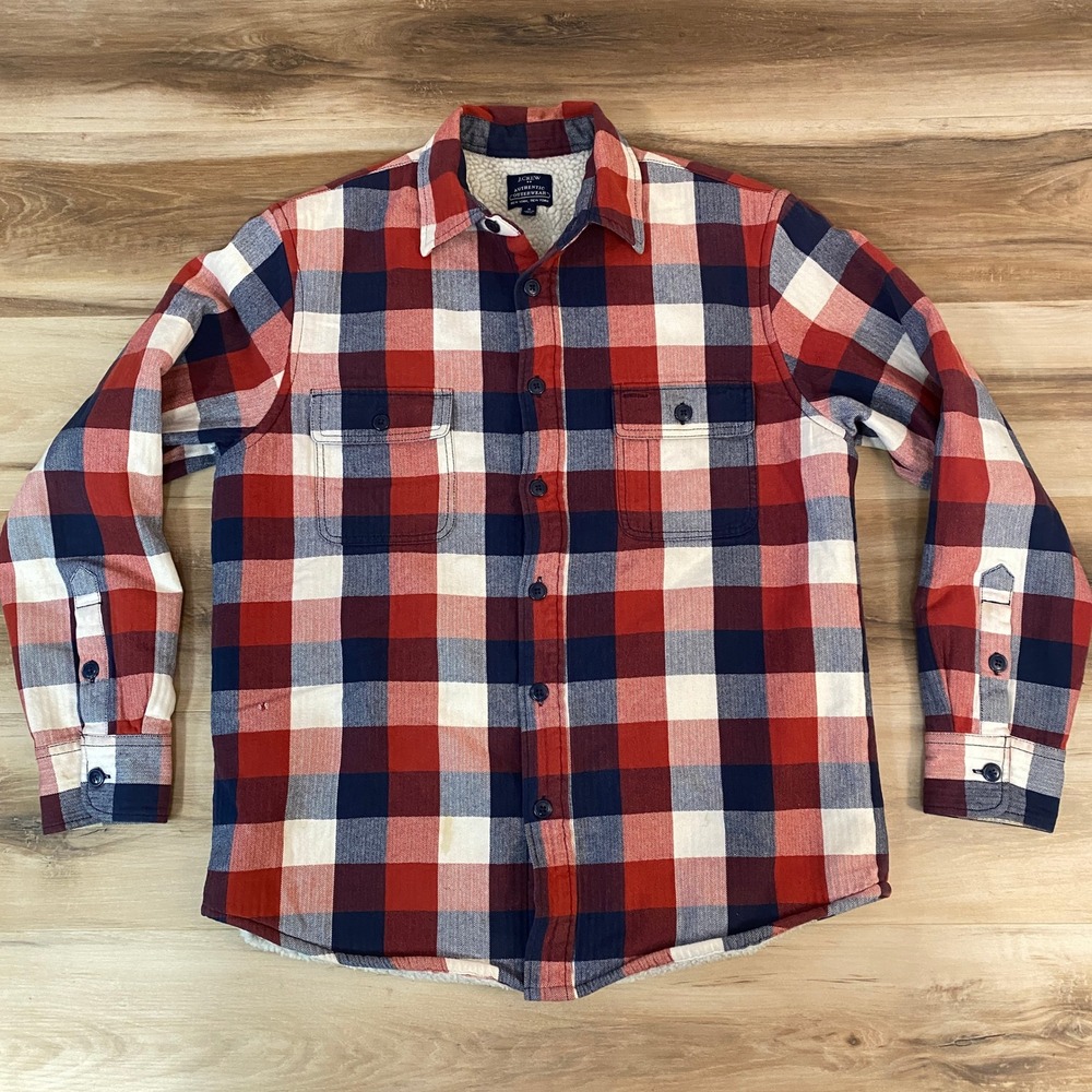 J.Crew Sherpa Lined Flannel Shirt Jacket Mens Medium Pklaid Blue Red Herringbone